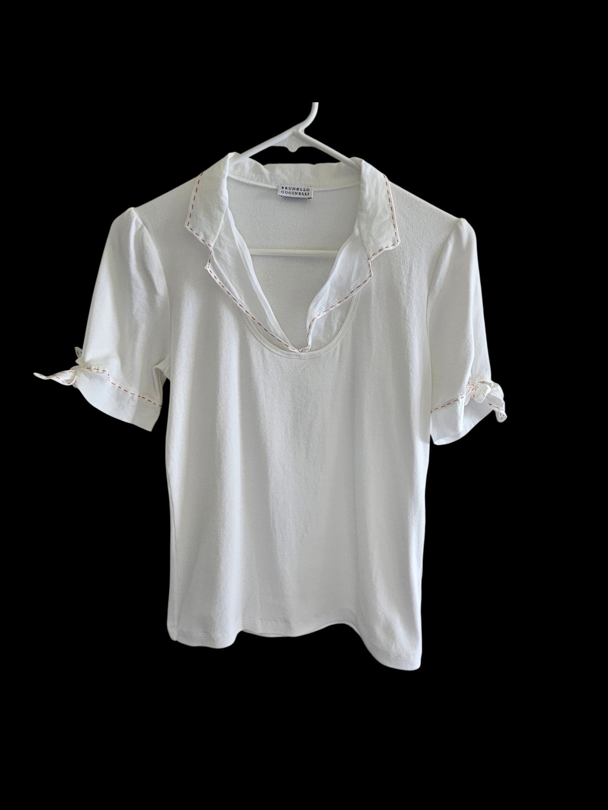 Brunello Cucinelli White Short Sleeve Knit Top With Subtle Red Stitching